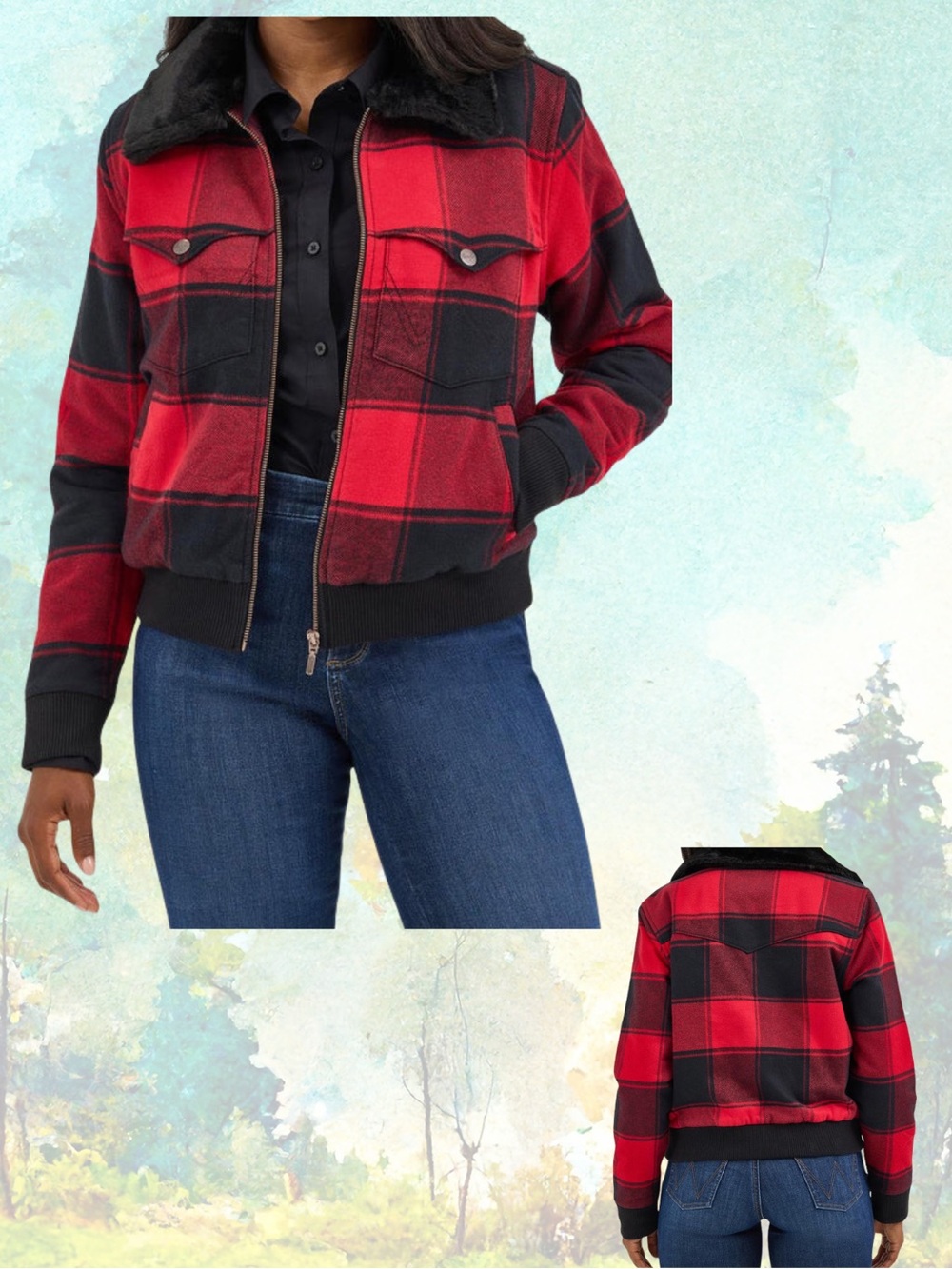 Women Wrangler retro lumberjack red buffalo plaid Bomber Jacket faux fur Small